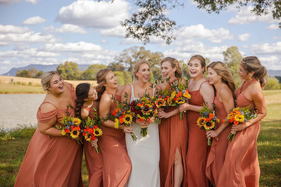 The Lake at Willow Oaks, Knoxville, Maryville, Gatlinburg, Sunflower bouquets, bridesmaids dresses, mountains views, lakeside ceremony