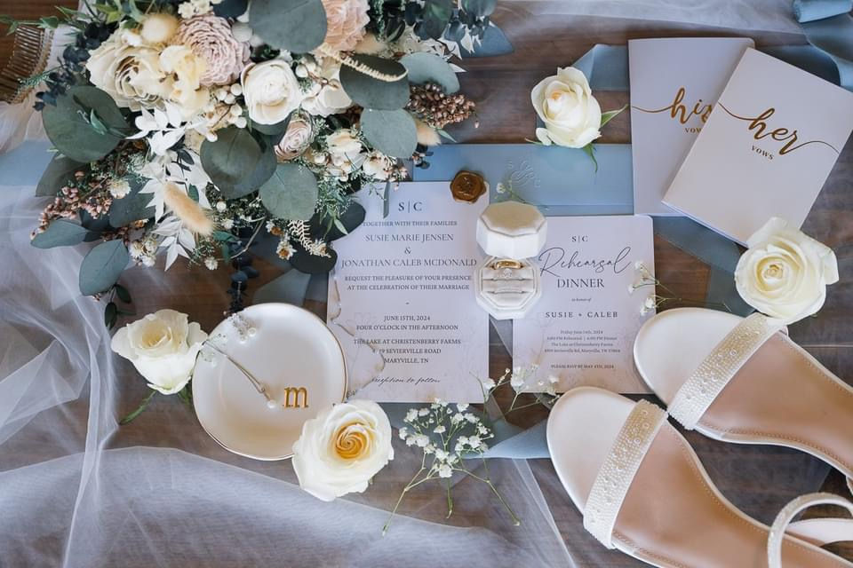 Wedding Venue, bridal shoes, wedding invitations, wedding rings, bridal bouquet, The Lake at Willow Oaks Venue