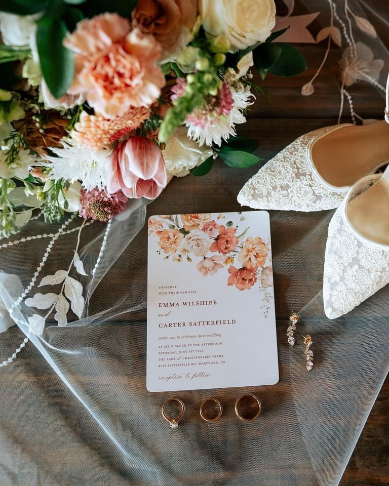 Spring Wedding Flowers, Wedding Shoes, Wedding Invitations, The Lake at Willow Oaks, Smoky Mountains, Wedding rings