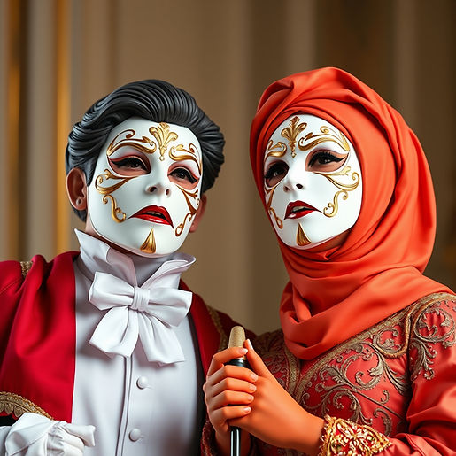 two opera singers male and female wearing face masks like in Venice.jpg