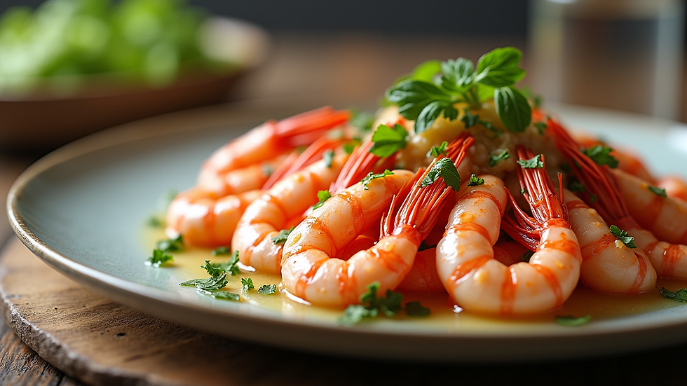 Plano detalle de un salteado de gambas con verduras frescas