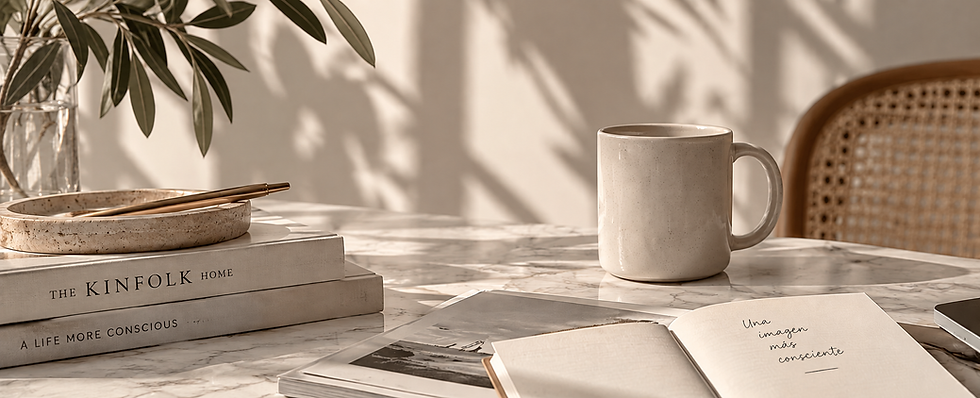 Espacio editorial con libreta y café para Desde el Espejo, newsletter de A.M. Studio sobre imagen e identidad.