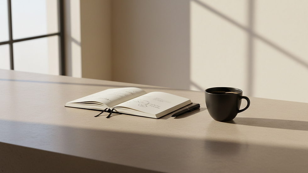 Close-up of a minimalist desk with a notebook, pen, and a cup of coffee, symbolizing strategic planning