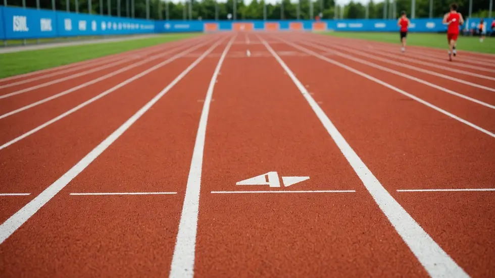 Eye-level view of a running track with finish line markings