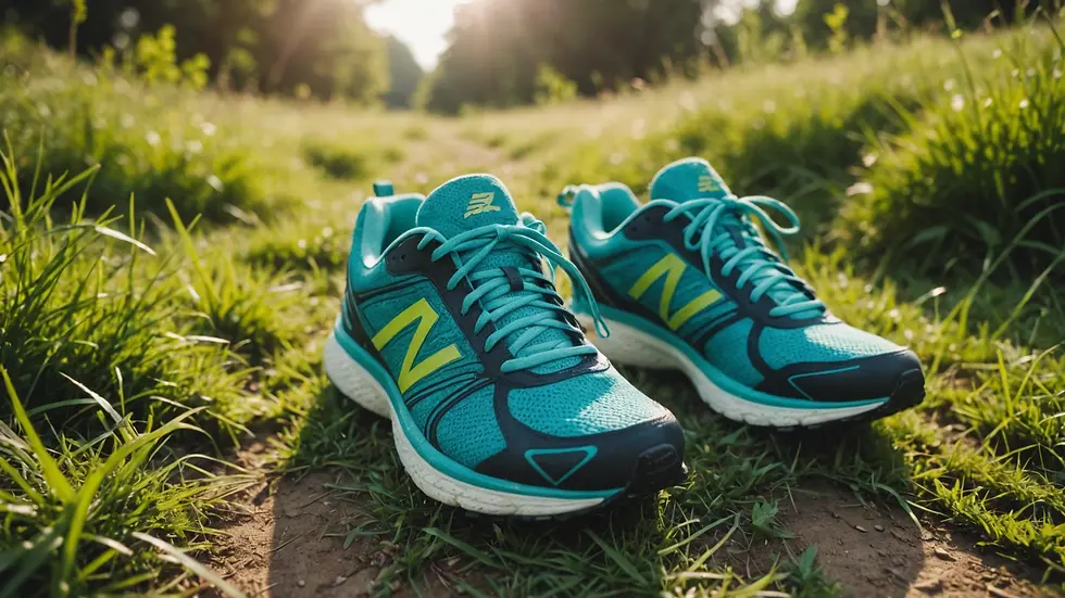 Close-up of a pair of running shoes on a grassy trail