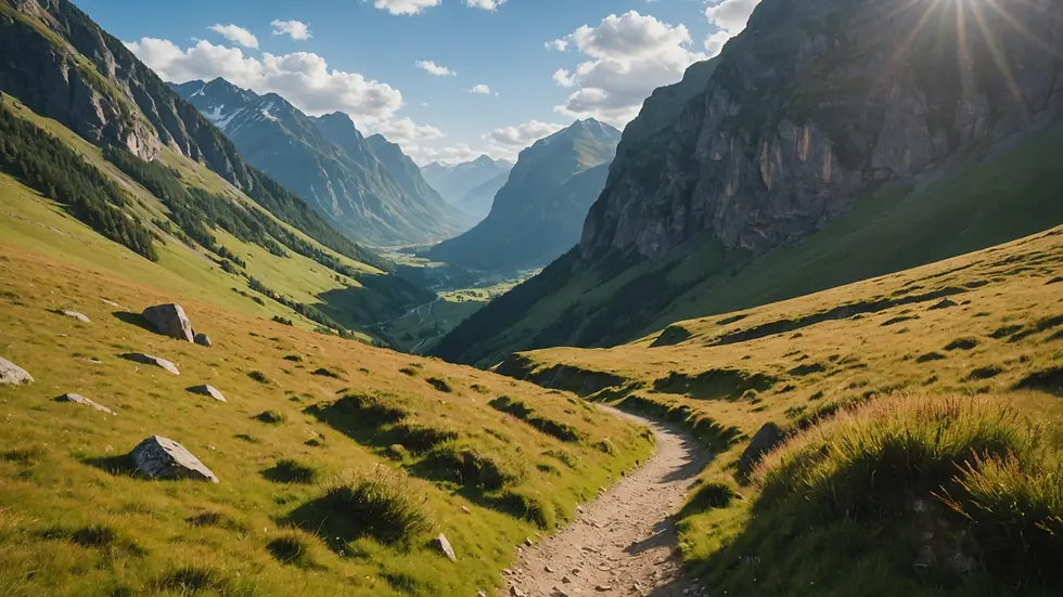 Eye-level view of a scenic hiking trail surrounded by mountains