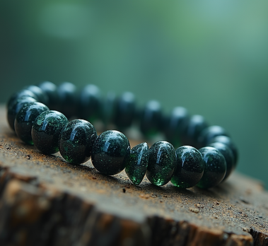 Bracelet de pierres naturelles vert foncé sur bois