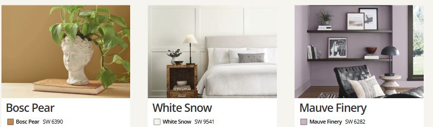 Explore the latest Sherwin-Williams color trends featuring the earthy warmth of Bosc Pear, the crisp serenity of White Snow, and the sophisticated charm of Mauve Finery.