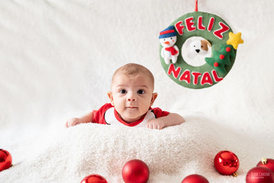 fotografia ensaio de natal pet cachorro com família e bebê em domicílio
