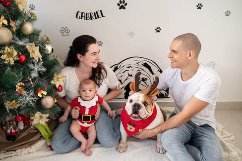 fotografia ensaio de natal pet cachorro com família e bebê em domicílio