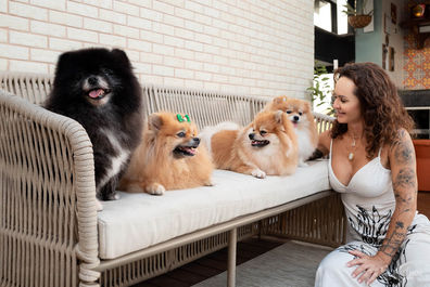 mulher mãe de pet com 4 spitz fofos lulu da pomerânia em apartamento em Vitória Espirito Santo