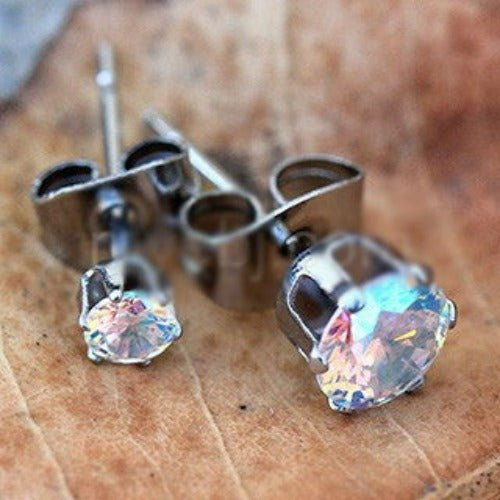 Pair of 316L Stainless Steel Aurora Borealis Round CZ Stud Earrings