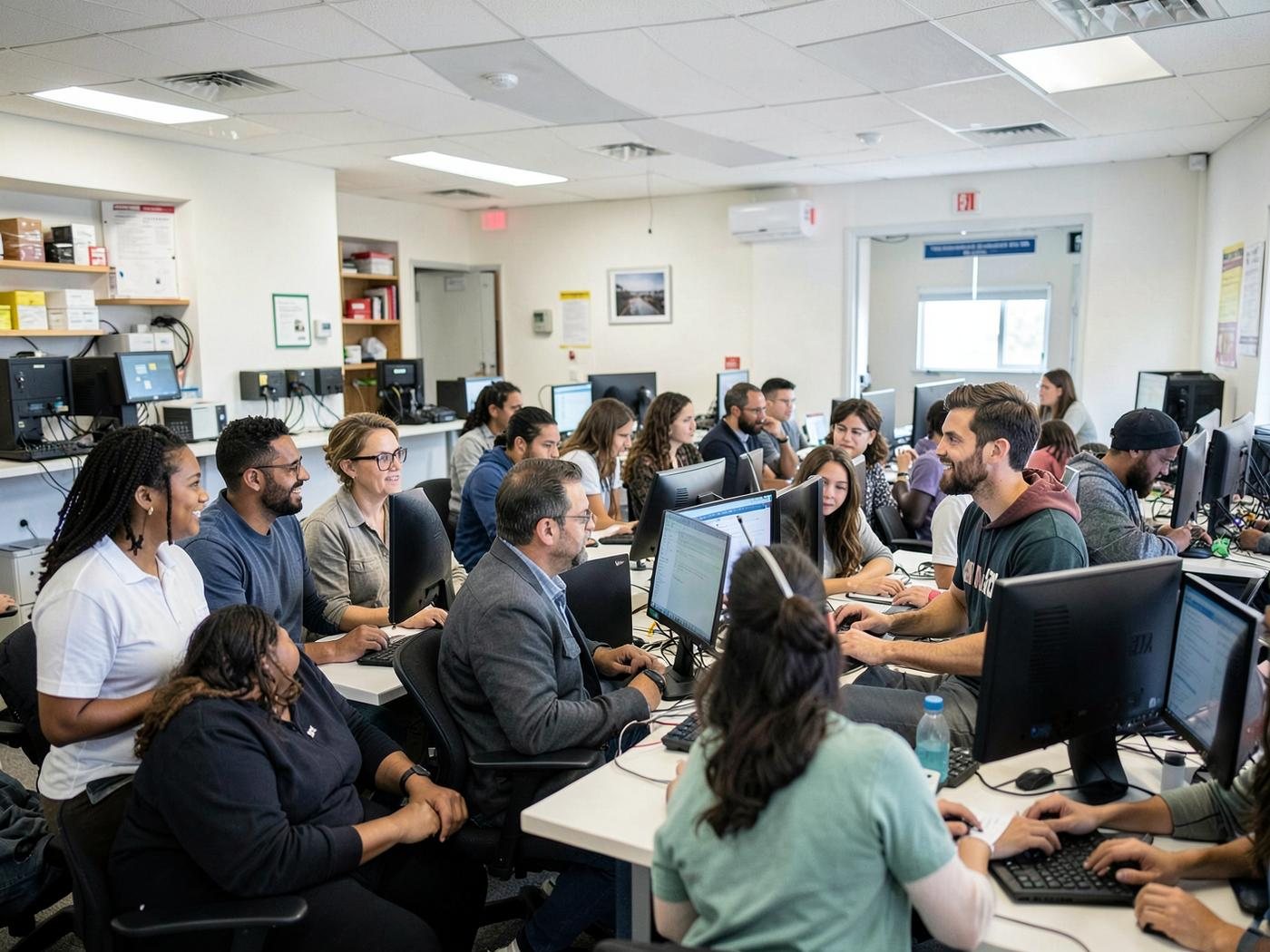 Adults collaborating with an instructor in a computer learning lab.