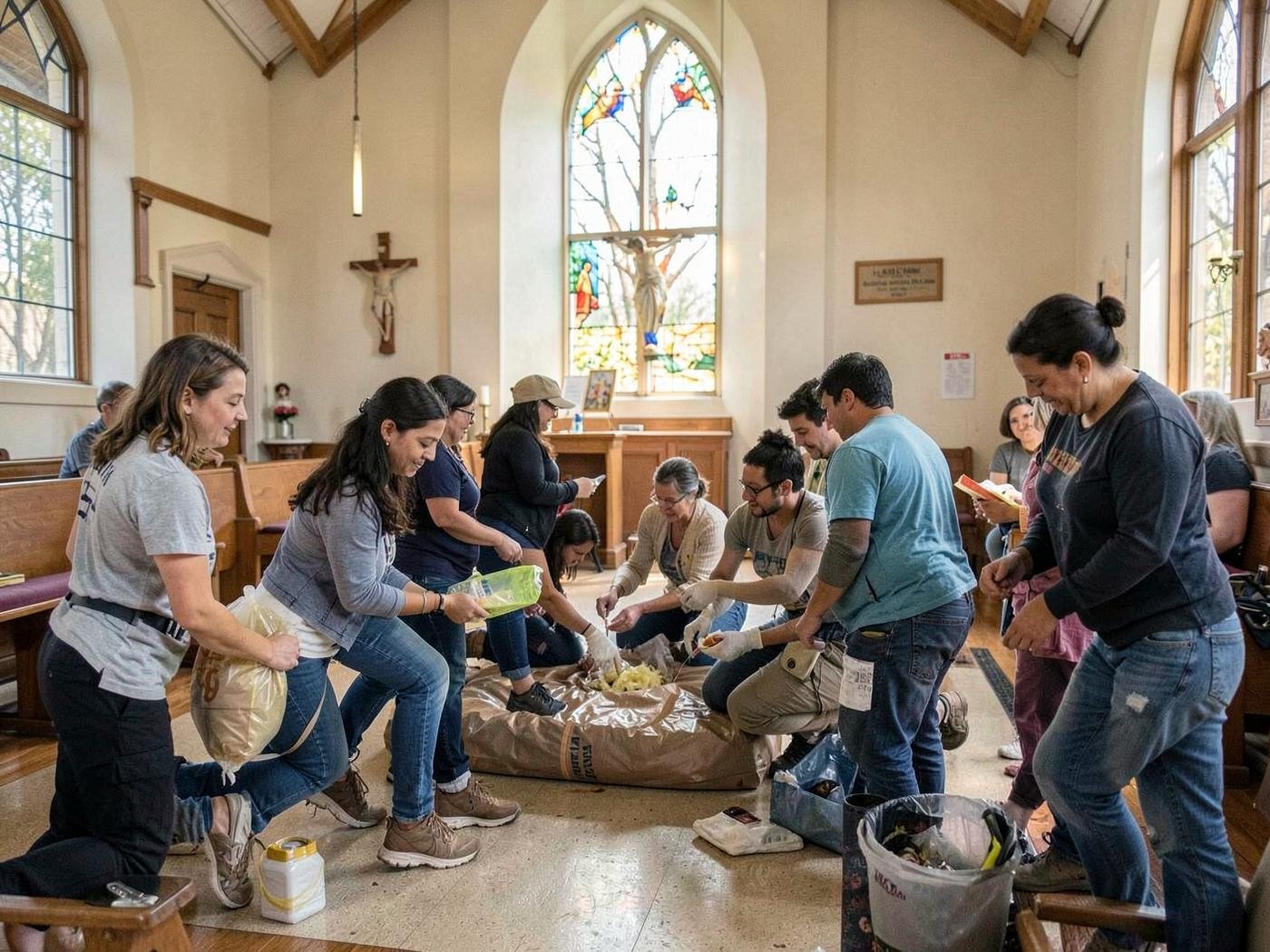 Volunteers working together on a service project in a church community space.