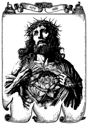 Jesus Christ pulls open his flesh to reveal beautiful lotus flowers. Inspired by the book 'Living Buddha, Living Christ' by Thich Nhat Hanh