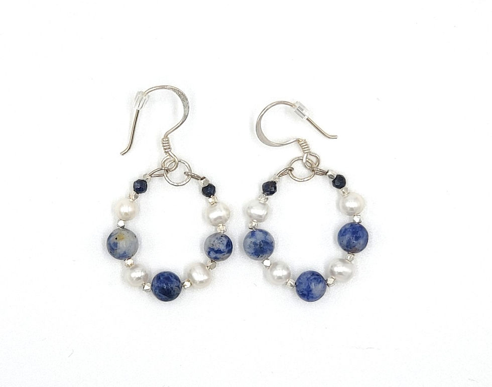 Earrings E-002: "Blueberry Hill" Sodalite, Fresh Water Pearls, Sapphire, Silver