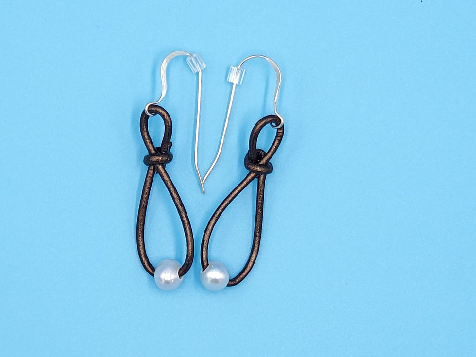 Earrings E-003: "Pearl Drops" Fresh Water Pearls, Leather Cord, Silver