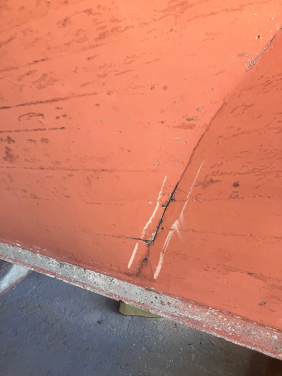 Before caulking repairs - leaking seam on stern post