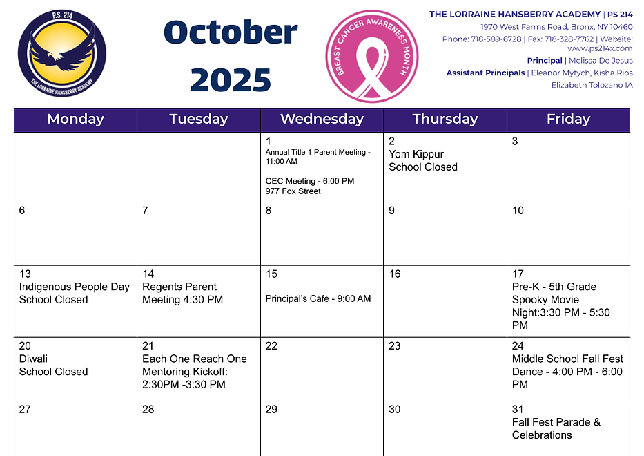 Calendar of events for October