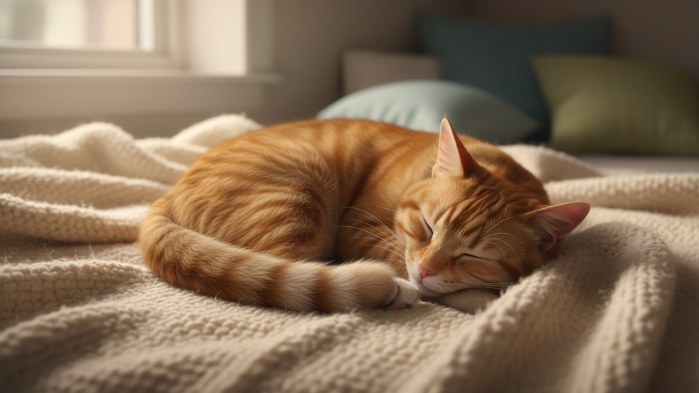 Close-up view of a healthy cat resting comfortably on a soft blanket