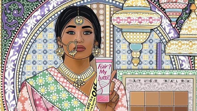 An Indian woman holding a Fair and Lovely Bottle but it says "Fairness? my Jutti!"