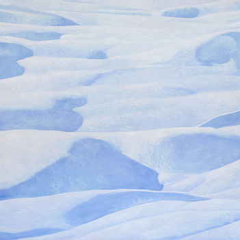 Schneebedeckte Auracher Hügellandschaft von Kaspar Laurenz, impressionistisch gemalt in flirrenden Weißtönen. Großformatiges Ölgemälde ohne Horizont, entstanden 2025 in den Kitzbüheler Alpen.