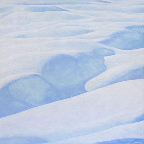 Schneebedeckte Auracher Hügellandschaft von Kaspar Laurenz, impressionistisch gemalt in flirrenden Weißtönen. Großformatiges Ölgemälde ohne Horizont, entstanden 2025 in den Kitzbüheler Alpen.