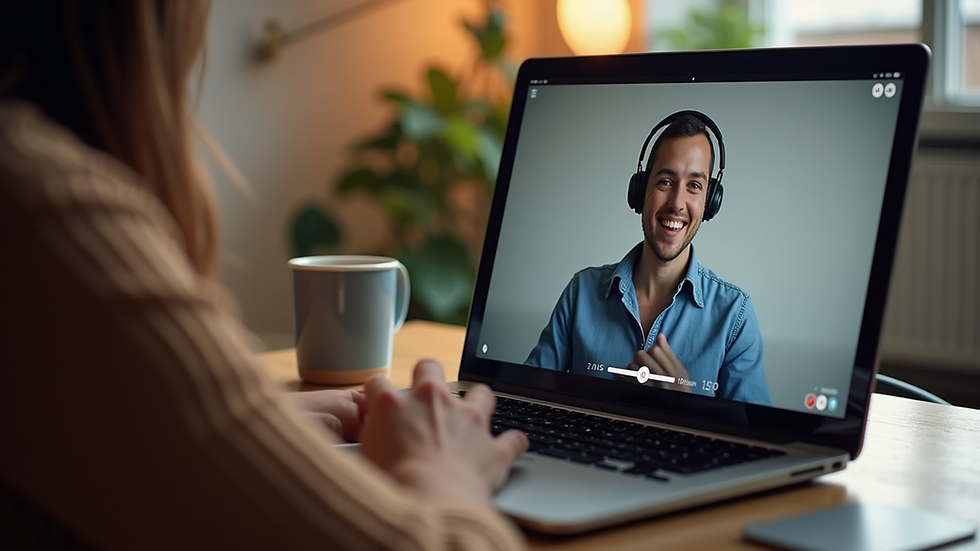 Eye-level view of a laptop playing an English learning podcast