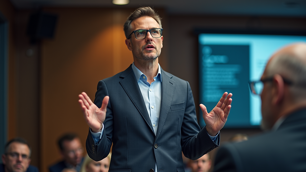 Eye-level view of a confident speaker using hand gestures during a presentation