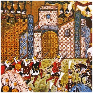 Janízaros combatendo cavaleiros hospitalares em Rhodes, 1522.gif