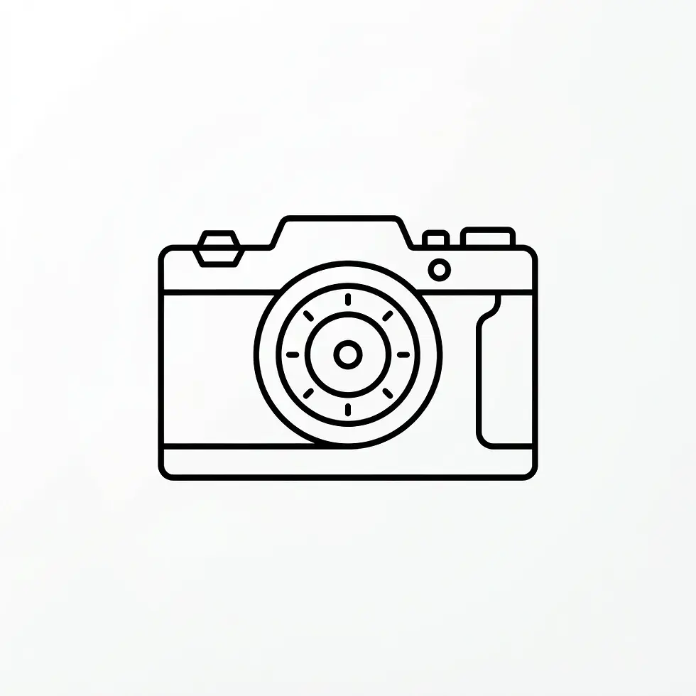 Minimalist icon illustration, depicting a sleek outline of a camera. The clean, black line drawing is set against a plain white background, symbolizing photography or media capture.