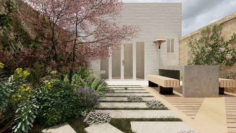 a white brick building with a bench in front of it