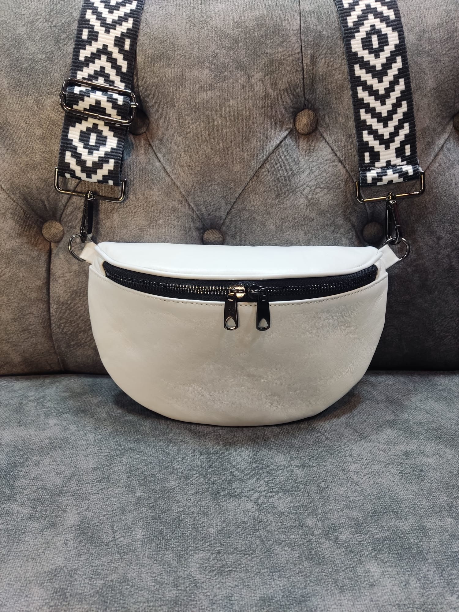 Hakiki Deri Beyaz Bel Ve Omuz Çantası (Çapraz Çanta)