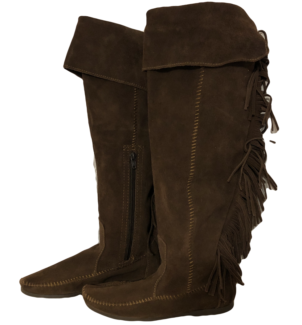 Thumbnail: Minnetonka #178685 004 Mid~Calf Brown Moccasin Fringe Boots ~ Size 6, left side view