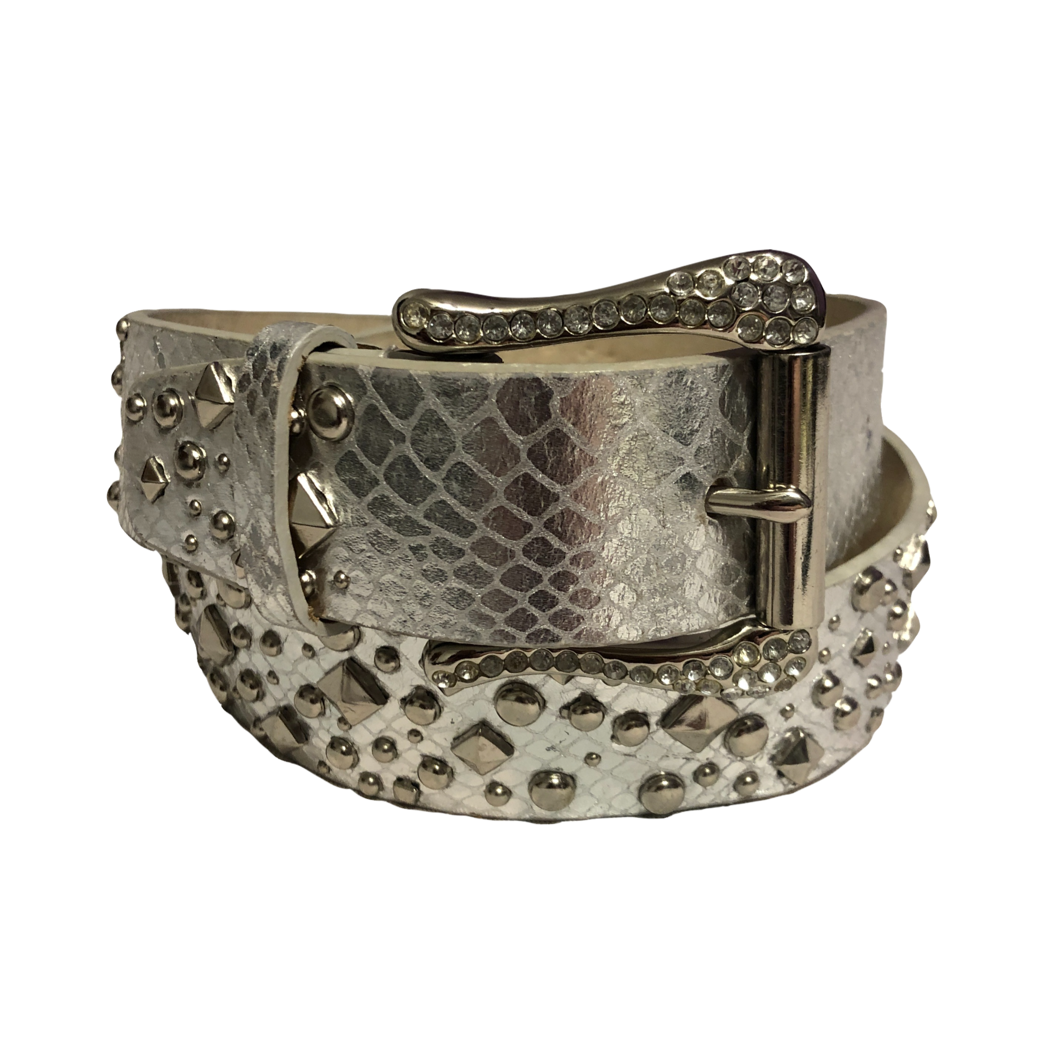 Vintage Guess #945127 Rhinestone Studded Belt, curled in a cirle view