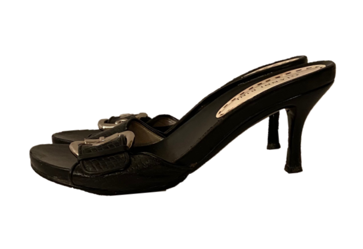 Thumbnail: Gianni Bini Kitten Heel Buckle Slide Black Sandals, left side view