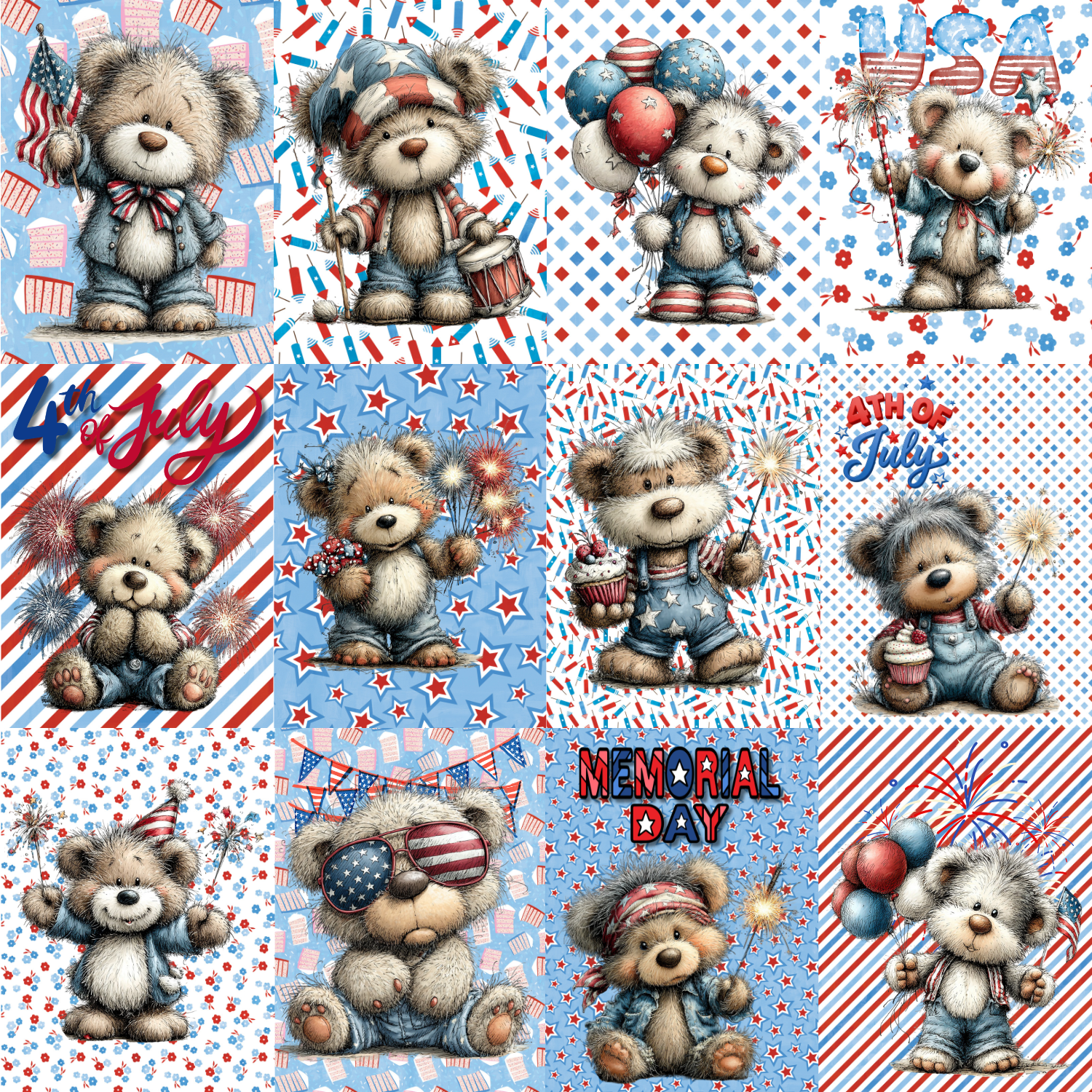 July 4th Bears Journal Card Sheet