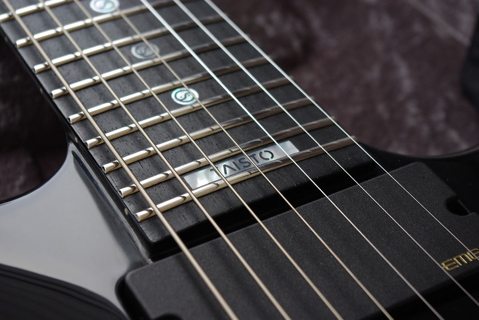 Taisto brand inlay on fretboard of Samuli Federley's V25-FX7/H guitar