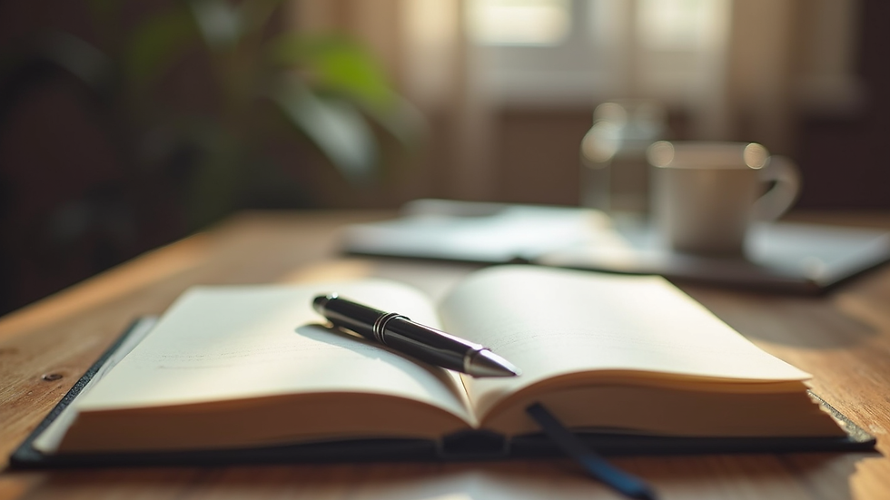 Eye-level view of a journal and pen on a wooden table