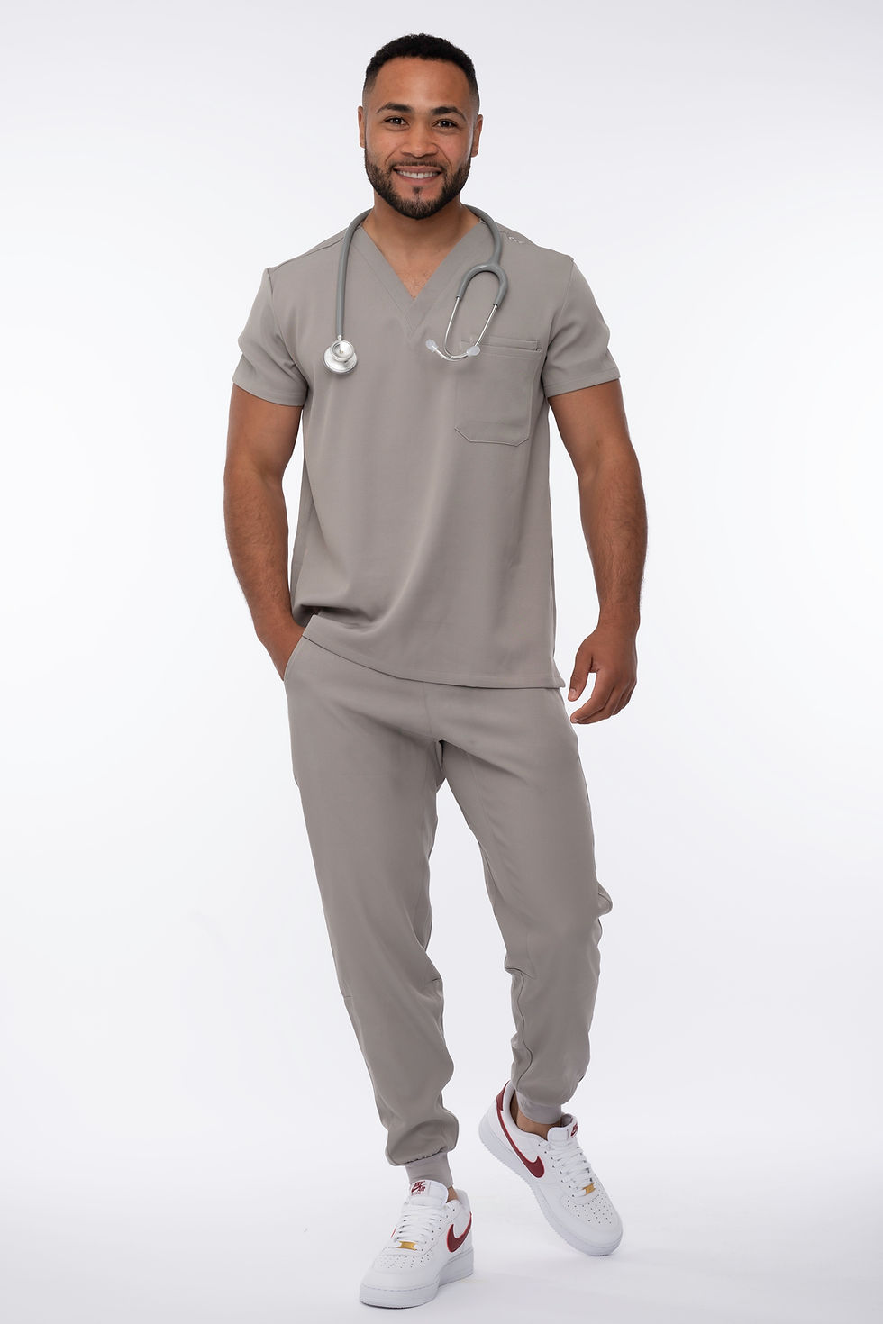 Thumbnail: Bokeh Chest Pocket Relaxed Scrub Top Stone Grey
