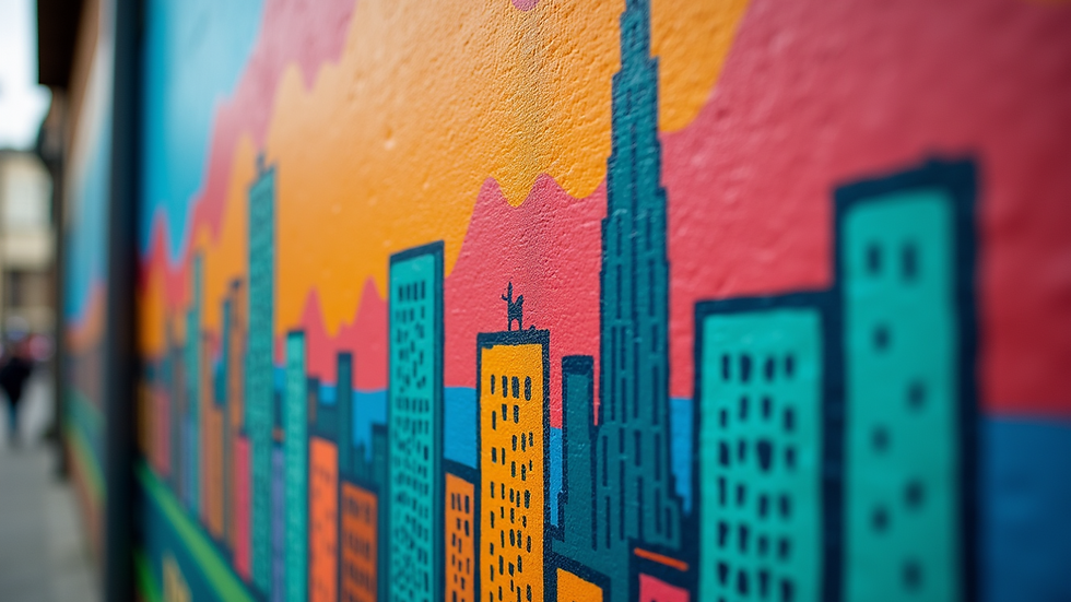 Close-up view of a vibrant mural depicting a cityscape