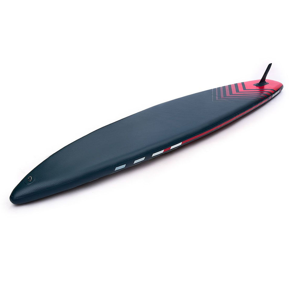 Sleek black kitesurf board with red accents