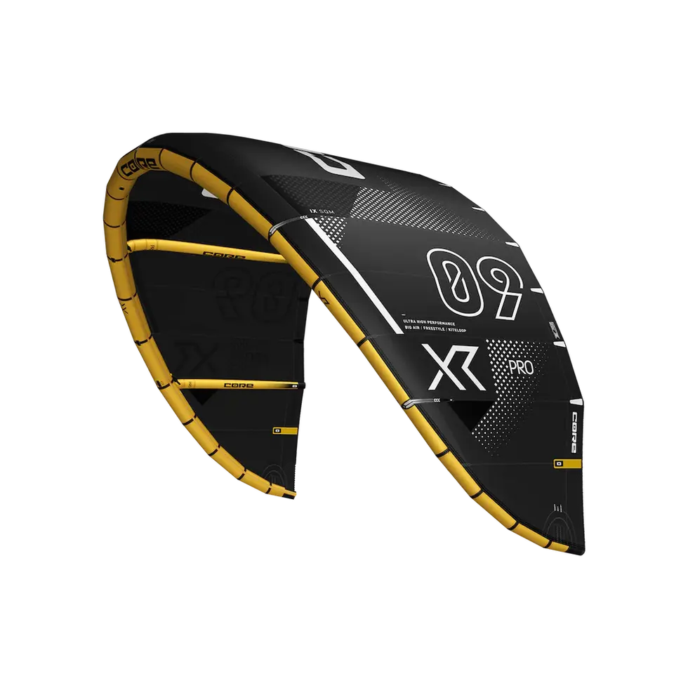 Black kitesurfing kite, '09 X', gold accents