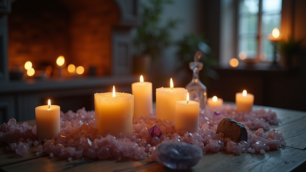 Close-up view of a spell casting ritual setup with candles and crystals