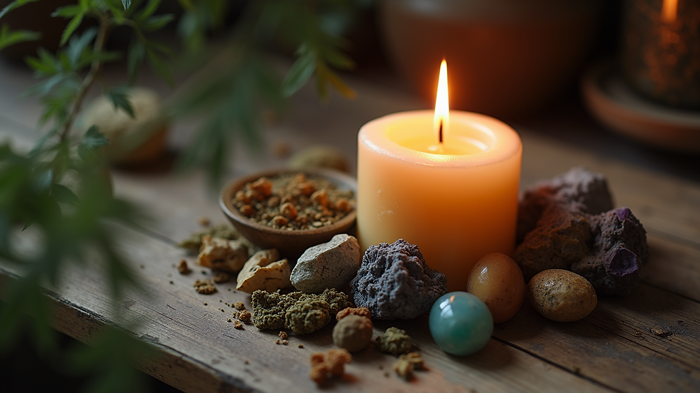 Close-up view of a candle surrounded by herbs and crystals