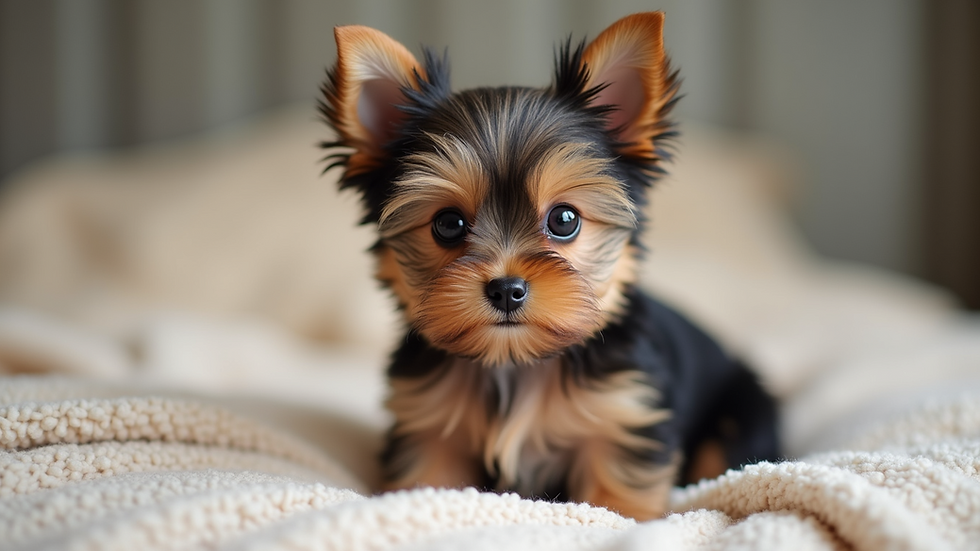 Close-up view of a tiny teacup Yorkie puppy sitting on a soft blanket