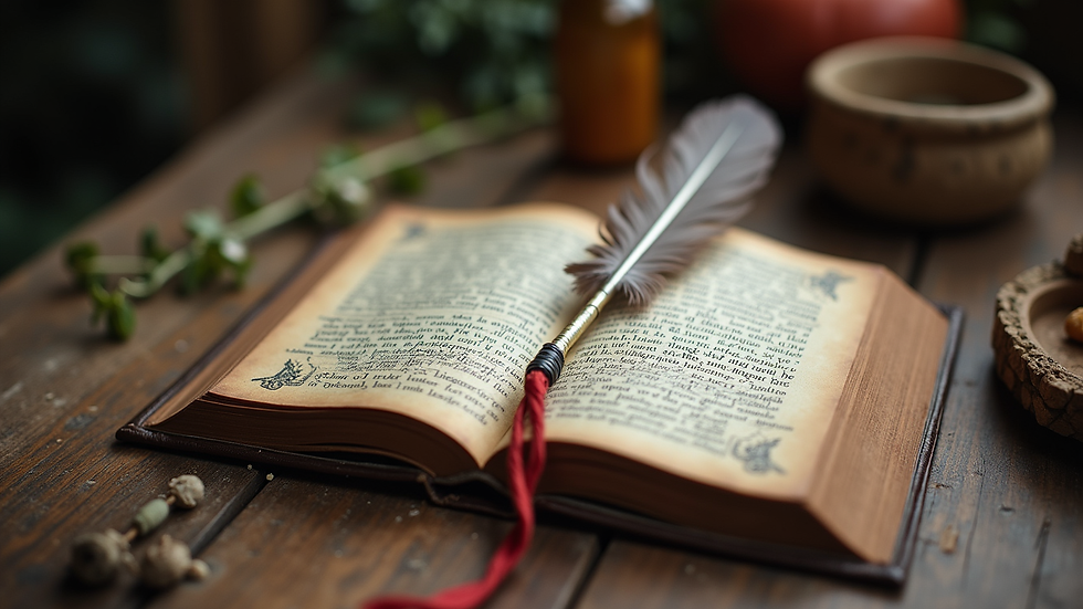 Close-up view of a spell book open on a wooden table with herbs and a feather pen