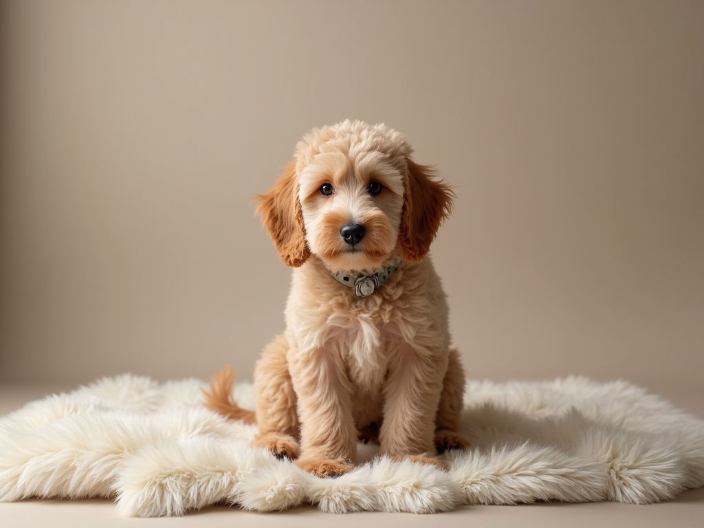 A fluffy Shepadoodle sitting elegantly on a neutral rug in a sunlit living room.