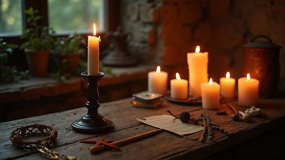 Eye-level view of a serene candlelit altar with mystical symbols