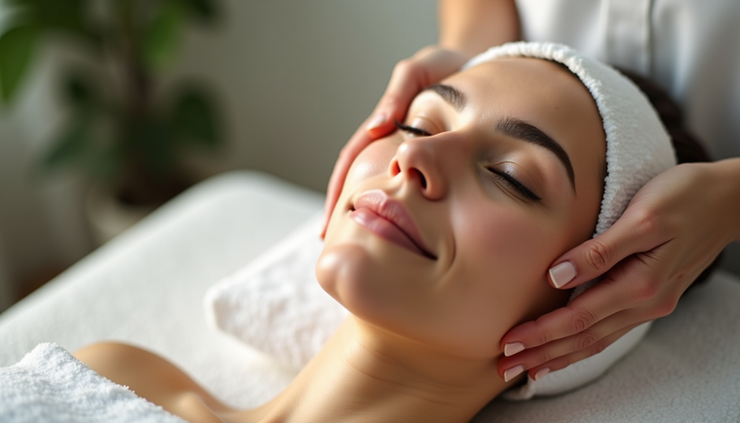Close-up view of a glowing face after a skin brightening facial treatment